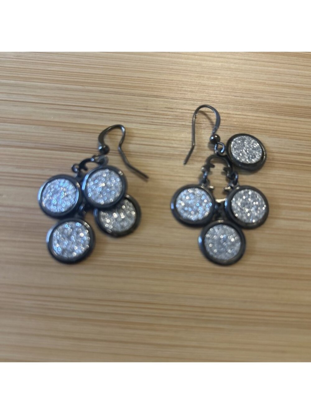 Pave Disk Coldwater Creek Silver Tone Gunmetal Dangle Drop Earrings W/glitter